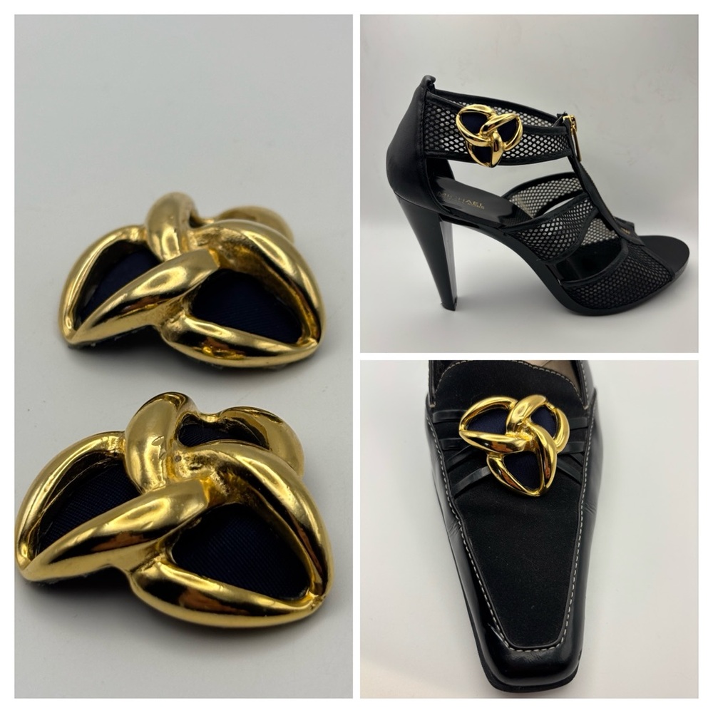 Bluette France Gold & Navy Blue Grosgrain Knot Shoe Clips